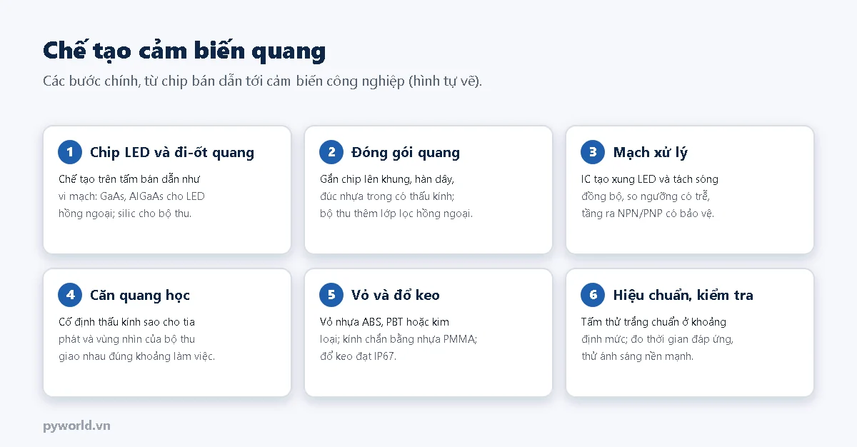 Sáu bước chế tạo cảm biến quang: chip LED và đi-ốt quang chế tạo trên tấm bán dẫn, đóng gói quang với thấu kính nhựa, mạch xử lý tạo xung và tách sóng, căn quang học, vỏ và đổ keo, hiệu chuẩn và kiểm tra bằng tấm thử trắng chuẩn