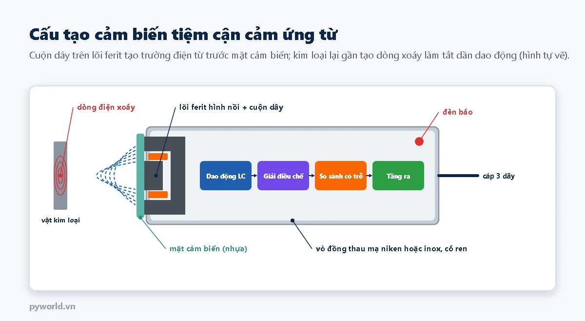 Cấu tạo cảm biến tiệm cận cảm ứng từ: lõi ferit hình nồi và cuộn dây sau mặt cảm biến bằng nhựa, các khối dao động LC, giải điều chế, so sánh có trễ và tầng ra, đèn báo, vỏ kim loại có ren và cáp 3 dây; trước mặt cảm biến là trường điện từ và vật kim loại có dòng điện xoáy