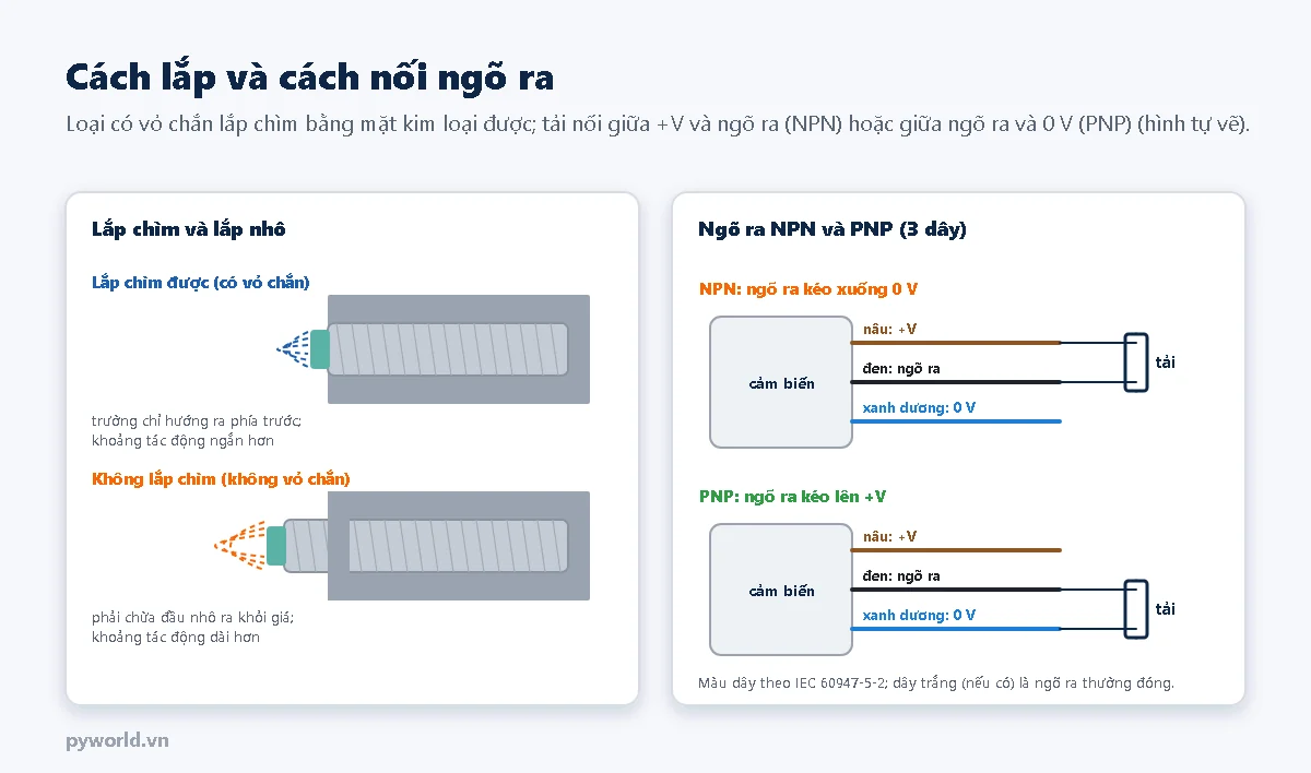 Bên trái: cảm biến có vỏ chắn lắp chìm bằng mặt giá kim loại với trường chỉ hướng ra trước, cảm biến không vỏ chắn phải để đầu nhô ra khỏi giá; bên phải: cách nối tải với cảm biến NPN giữa dây nâu cộng và dây đen ngõ ra, với cảm biến PNP giữa dây đen ngõ ra và dây xanh dương 0 V