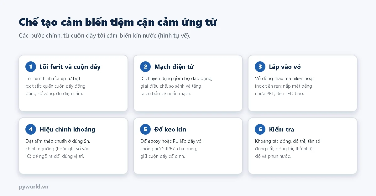 Sáu bước chế tạo cảm biến tiệm cận cảm ứng từ: lõi ferit và cuộn dây, mạch điện tử với IC chuyên dụng, lắp vào vỏ ren và nắp mặt nhựa, hiệu chỉnh khoảng tác động bằng tấm thép chuẩn, đổ keo kín chống nước, kiểm tra