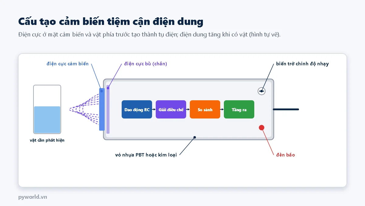 Cấu tạo cảm biến tiệm cận điện dung: điện cực cảm biến ở mặt trước, điện cực bù phía sau, các khối dao động RC, giải điều chế, so sánh, tầng ra, biến trở chỉnh độ nhạy, đèn báo, vỏ nhựa; điện trường viền tỏa ra phía trước tới cốc nước