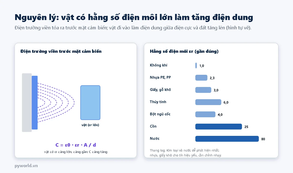Bên trái là điện trường viền dạng các đường cong tỏa ra trước điện cực, một vật có hằng số điện môi lớn đi vào vùng điện trường, công thức C bằng epsilon 0 nhân epsilon r nhân A chia d; bên phải là thanh so sánh hằng số điện môi gần đúng: không khí 1, nhựa PE PP 2,3, giấy gỗ khô 3, thủy tinh 6, bột ngũ cốc 4, cồn 25, nước 80
