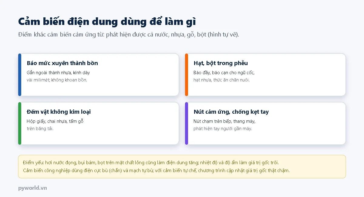 Bốn ứng dụng của cảm biến điện dung: báo mức xuyên thành bồn nhựa hoặc kính, báo đầy và cạn hạt bột trong phễu, đếm vật không kim loại trên băng tải, nút cảm ứng và phát hiện tay người; kèm ghi chú điểm yếu về hơi nước, bụi bám và trôi theo nhiệt độ độ ẩm