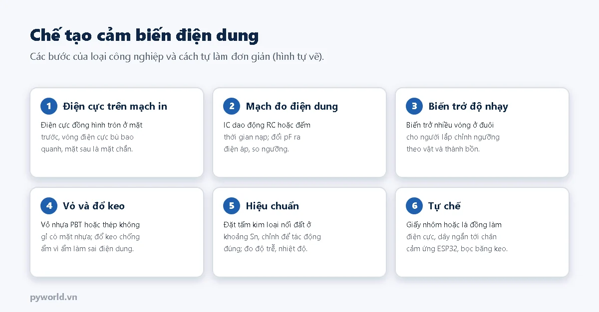Sáu bước chế tạo cảm biến điện dung: điện cực trên mạch in với vòng bù và mặt chắn, mạch đo điện dung, biến trở độ nhạy, vỏ và đổ keo chống ẩm, hiệu chuẩn bằng tấm kim loại nối đất, cách tự chế bằng giấy nhôm và chân cảm ứng ESP32