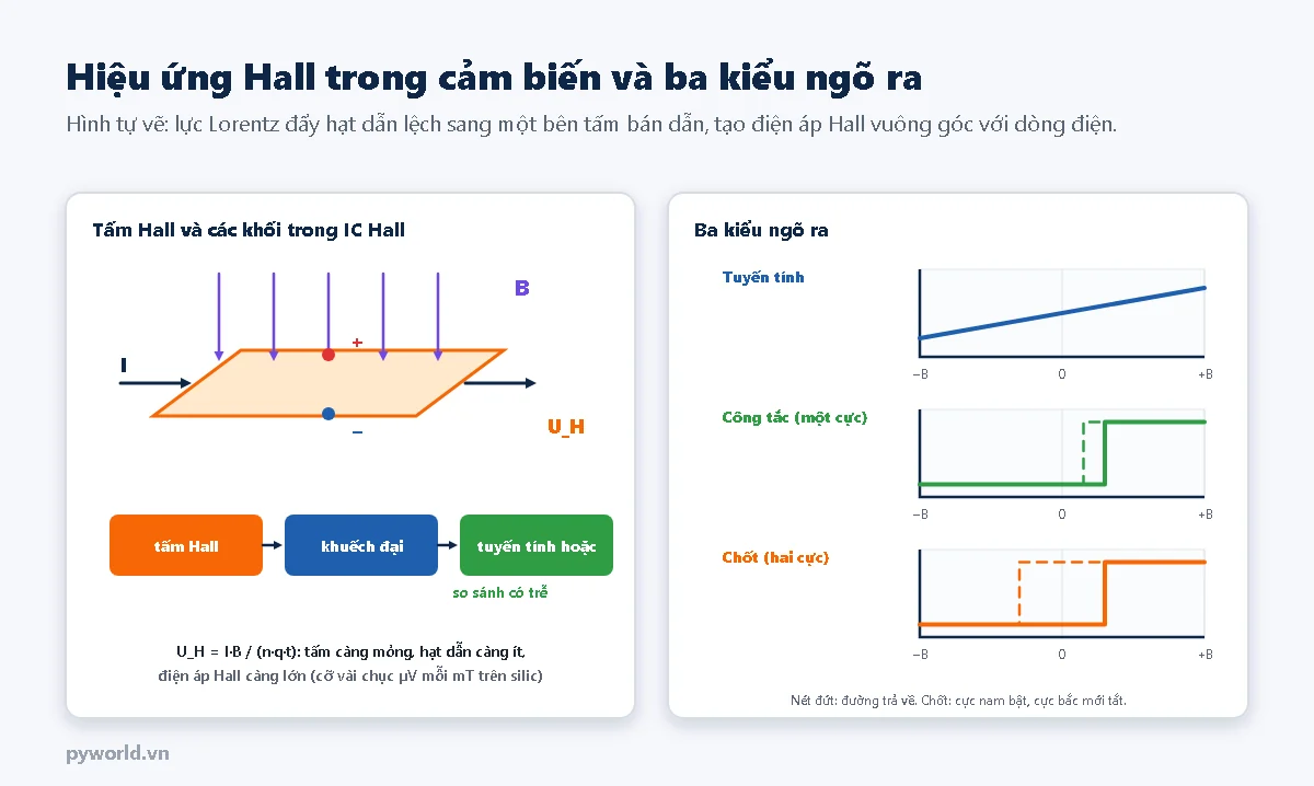 Tấm bán dẫn có dòng điện I chạy dọc, từ trường B vuông góc, điện áp Hall U_H xuất hiện giữa hai mép; sơ đồ khối IC Hall gồm tấm Hall, khuếch đại và tầng tuyến tính hoặc so sánh có trễ; ba đồ thị ngõ ra: tuyến tính, công tắc một cực và chốt hai cực có đường trả về nét đứt