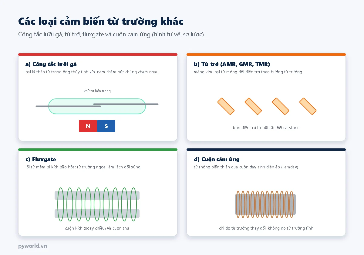 Bốn loại cảm biến từ trường khác: công tắc lưỡi gà với hai lá thép trong ống thủy tinh và nam châm bên ngoài; từ trở với bốn điện trở màng mỏng nối cầu Wheatstone; fluxgate với lõi từ mềm và cuộn kích, cuộn thu; cuộn cảm ứng nhiều vòng dây quấn trên lõi