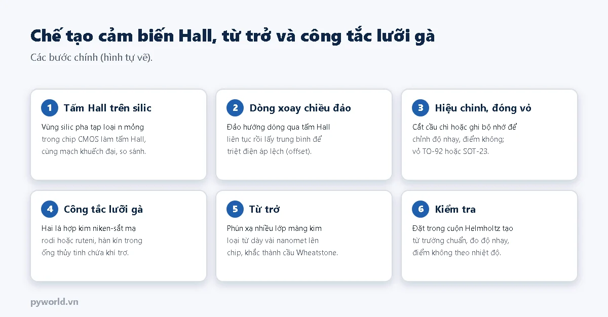 Sáu bước chế tạo: tấm Hall trên silic CMOS cùng mạch khuếch đại, đảo hướng dòng để triệt điện áp lệch, hiệu chỉnh và đóng vỏ TO-92 hoặc SOT-23, công tắc lưỡi gà hàn kín trong ống thủy tinh chứa khí trơ, từ trở phún xạ nhiều lớp màng kim loại từ, kiểm tra trong cuộn Helmholtz