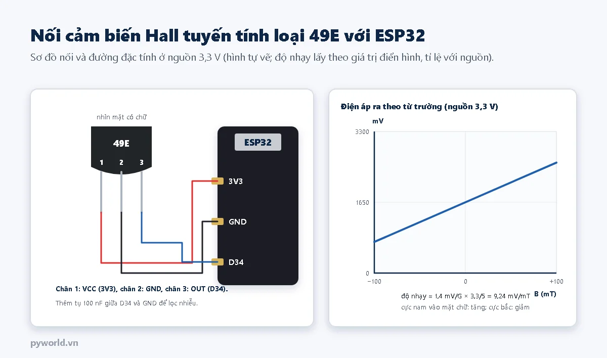 Sơ đồ nối cảm biến Hall 49E với ESP32: nhìn mặt có chữ, chân 1 VCC vào 3V3, chân 2 GND vào GND, chân 3 OUT vào D34; đồ thị điện áp ra tăng tuyến tính từ khoảng 1650 mV khi không có từ trường, độ nhạy khoảng 9,24 mV mỗi mT ở nguồn 3,3 V