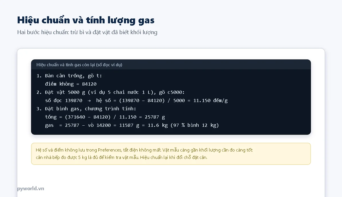 Ba bước: bàn cân trống gõ t được điểm không 84120; đặt vật 5000 g gõ c5000 được hệ số 11,15 đếm mỗi gam; đặt bình gas, tổng 25787 g trừ vỏ 14200 g còn 11587 g gas