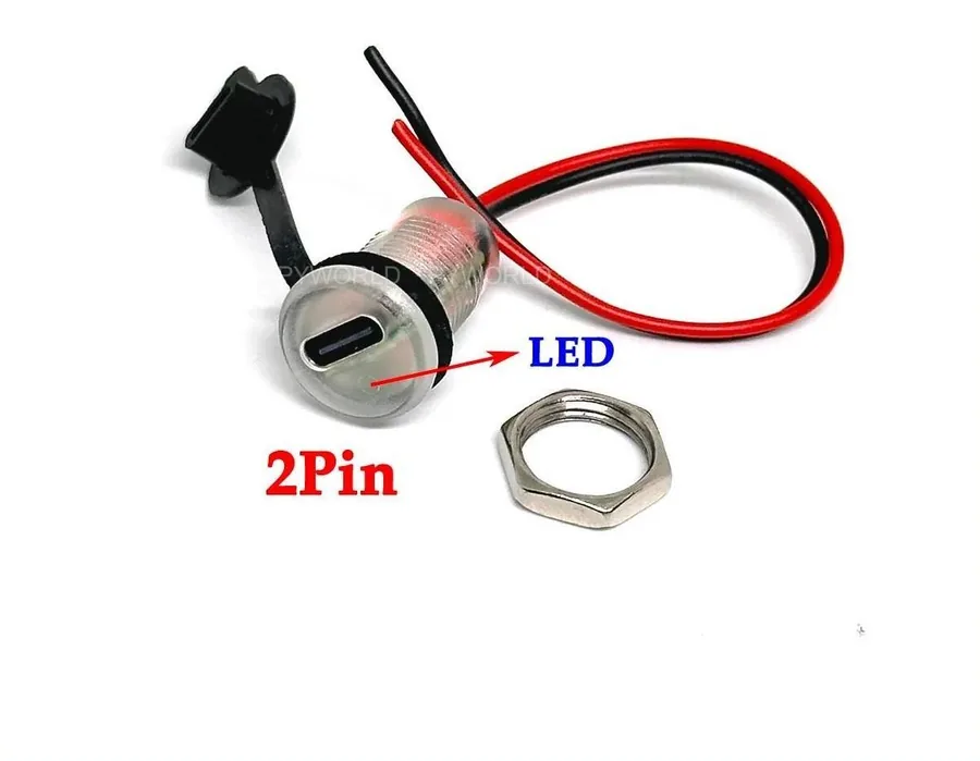Jack Type-C tròn thân trong suốt tích hợp mạch sạc loại 2 dây đỏ đen, có đèn LED bên trong thân, kèm đai ốc và nắp che