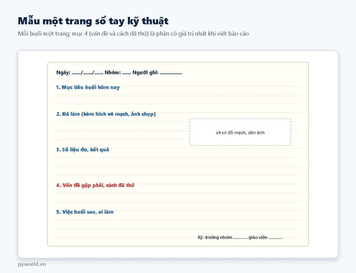 Mẫu một trang sổ tay kỹ thuật: ngày, nhóm, người ghi; mục tiêu buổi hôm nay; đã làm kèm hình vẽ mạch, ảnh chụp; số liệu đo, kết quả; vấn đề gặp phải và cách đã thử; việc buổi sau, ai làm; chữ ký trưởng nhóm và giáo viên