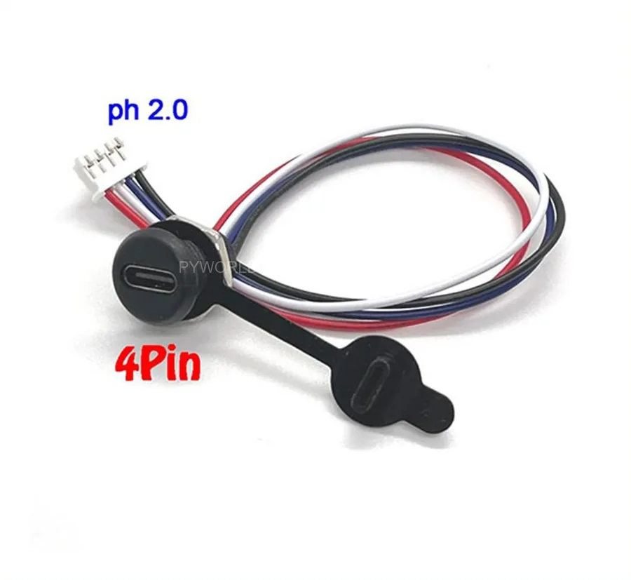 Jack USB Type-C tròn màu đen loại 4 dây, có nắp che và đầu cắm PH2.0 bốn chân ở cuối dây