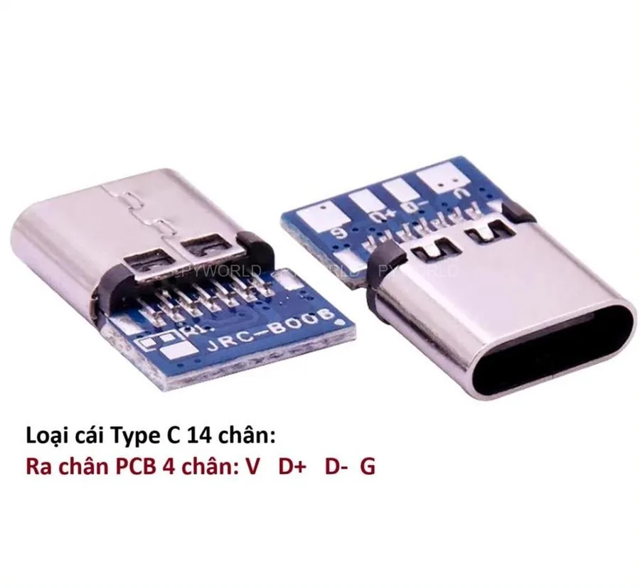 Jack USB Type-C cái hàn trên mạch nhỏ màu xanh dương, đưa ra bốn pad hàn V, D+, D−, G