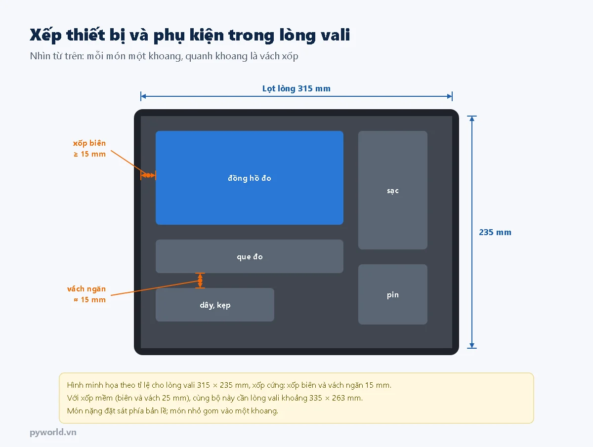 Hình minh họa nhìn từ trên lòng vali 315 × 235 mm: đồng hồ đo, que đo, dây kẹp, sạc và pin mỗi món một khoang, xốp biên và vách ngăn 15 mm
