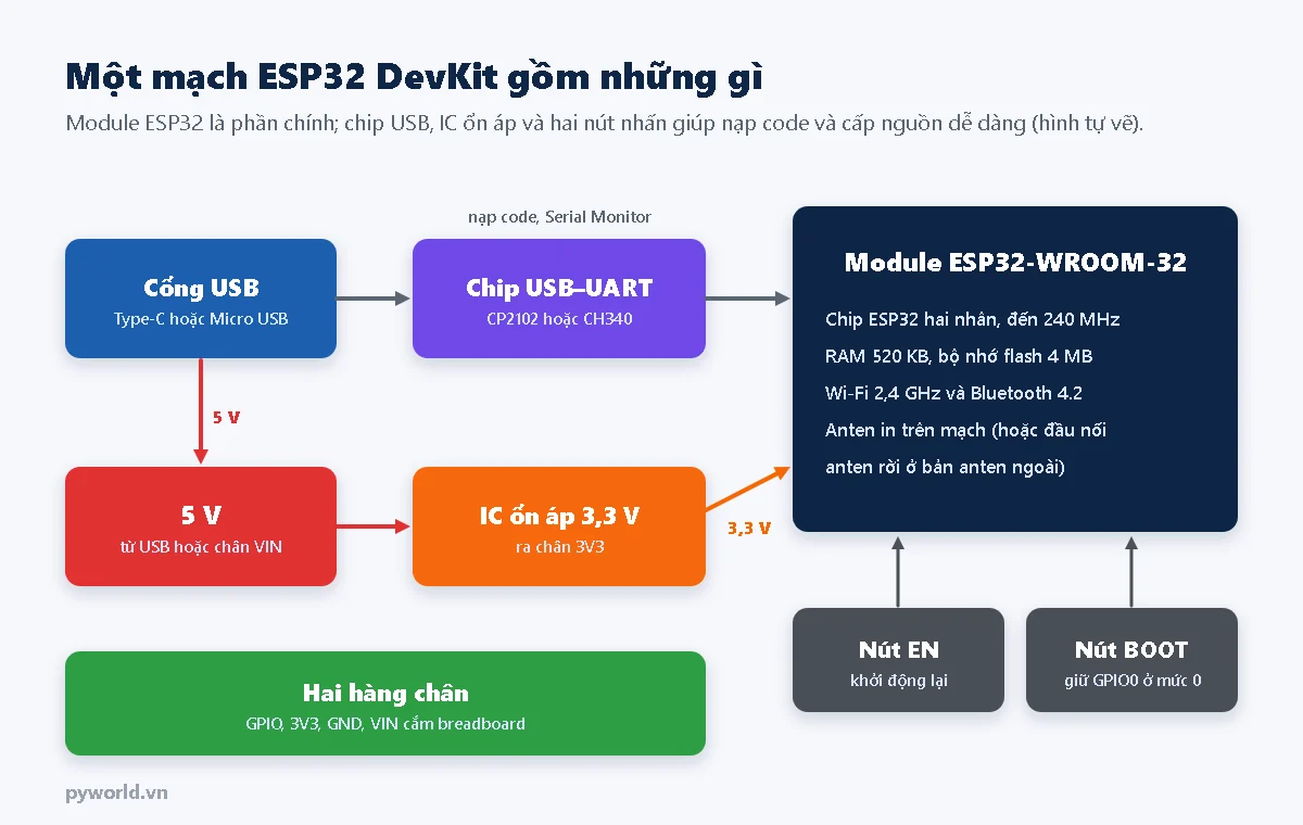 Sơ đồ khối mạch ESP32 DevKit: cổng USB nối chip USB-UART CP2102 hoặc CH340 rồi tới module ESP32-WROOM-32; nguồn 5 V qua IC ổn áp 3,3 V; nút EN, nút BOOT và hai hàng chân