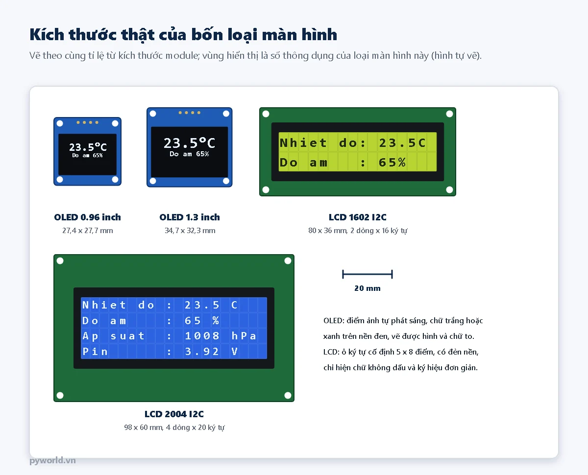 Bốn màn hình vẽ cùng tỉ lệ: OLED 0.96 inch 27,4 x 27,7 mm, OLED 1.3 inch 34,7 x 32,3 mm, LCD 1602 80 x 36 mm, LCD 2004 98 x 60 mm, kèm thước 20 mm