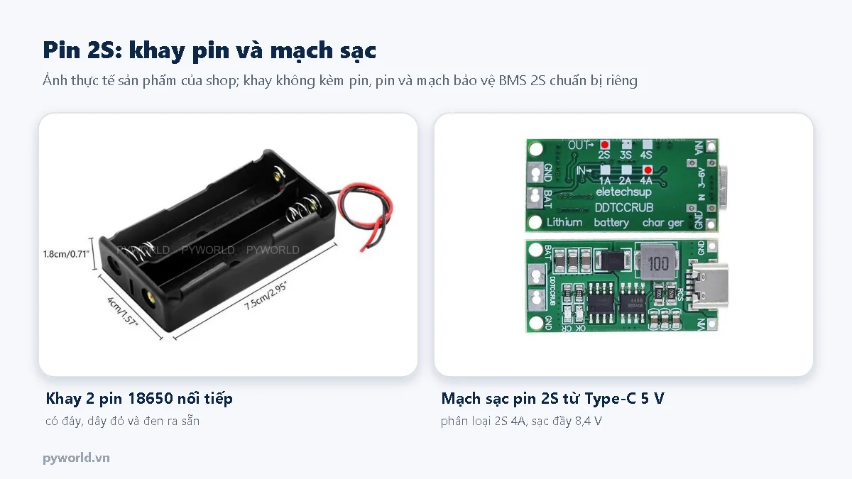Ảnh thực tế khay 2 pin 18650 nối tiếp có dây đỏ đen ra sẵn và mạch sạc pin 2S từ cổng Type-C 5 V, phân loại 2S 4A