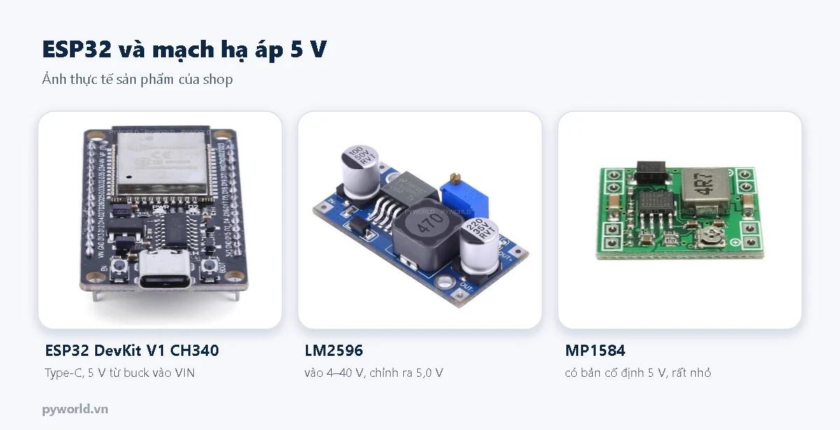 Ảnh thực tế ESP32 DevKit V1 chip nạp CH340 cổng Type-C, mạch hạ áp LM2596 và mạch hạ áp MP1584