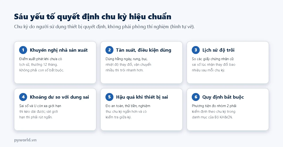 Sáu thẻ yếu tố quyết định chu kỳ hiệu chuẩn: khuyến nghị nhà sản xuất, tần suất và điều kiện sử dụng, lịch sử độ trôi, khoảng dư so với dung sai, hậu quả khi thiết bị sai, quy định bắt buộc với phương tiện đo nhóm 2