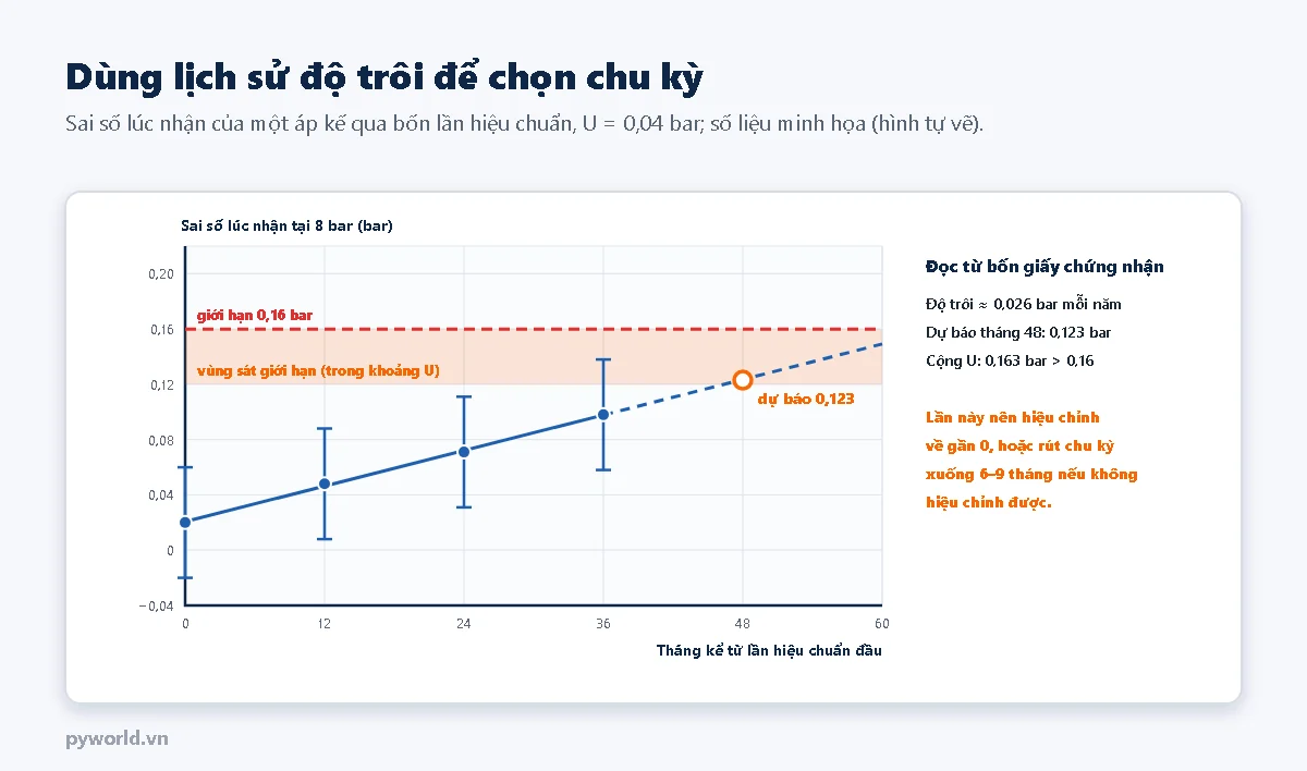 Đồ thị sai số lúc nhận tại 8 bar của một áp kế qua bốn lần hiệu chuẩn ở tháng 0, 12, 24, 36 với thanh độ không đảm bảo 0,04 bar, đường hồi quy tăng khoảng 0,026 bar mỗi năm, dự báo tháng 48 là 0,123 bar, cộng U là 0,163 bar vượt giới hạn 0,16 bar; khuyến nghị hiệu chỉnh hoặc rút chu kỳ