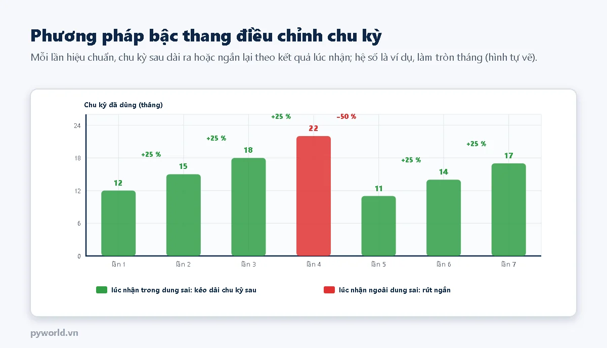 Biểu đồ cột chu kỳ đã dùng qua bảy lần hiệu chuẩn: 12, 15, 18 tháng khi kết quả lúc nhận trong dung sai thì kéo dài thêm 25 phần trăm, lần thứ tư 22 tháng kết quả ngoài dung sai nên chu kỳ sau rút còn 11 tháng, sau đó lại kéo dài 14, 17 tháng