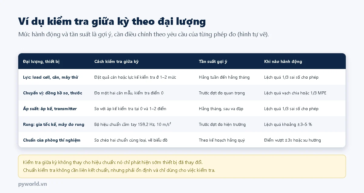Bảng ví dụ kiểm tra giữa kỳ: lực dùng quả cân hoặc lực kế kiểm tra ở một hai mức, hằng tuần đến hằng tháng; chuyển vị đo một hai căn mẫu và kiểm tra điểm 0 trước đợt đo quan trọng; áp suất so với áp kế kiểm tra tại 0 và một hai điểm hằng tháng hoặc sau va đập; rung dùng bộ hiệu chuẩn cầm tay 159,2 Hz 10 mét trên giây bình phương trước đợt đo hiện trường; chuẩn của phòng thí nghiệm so chéo hằng quý