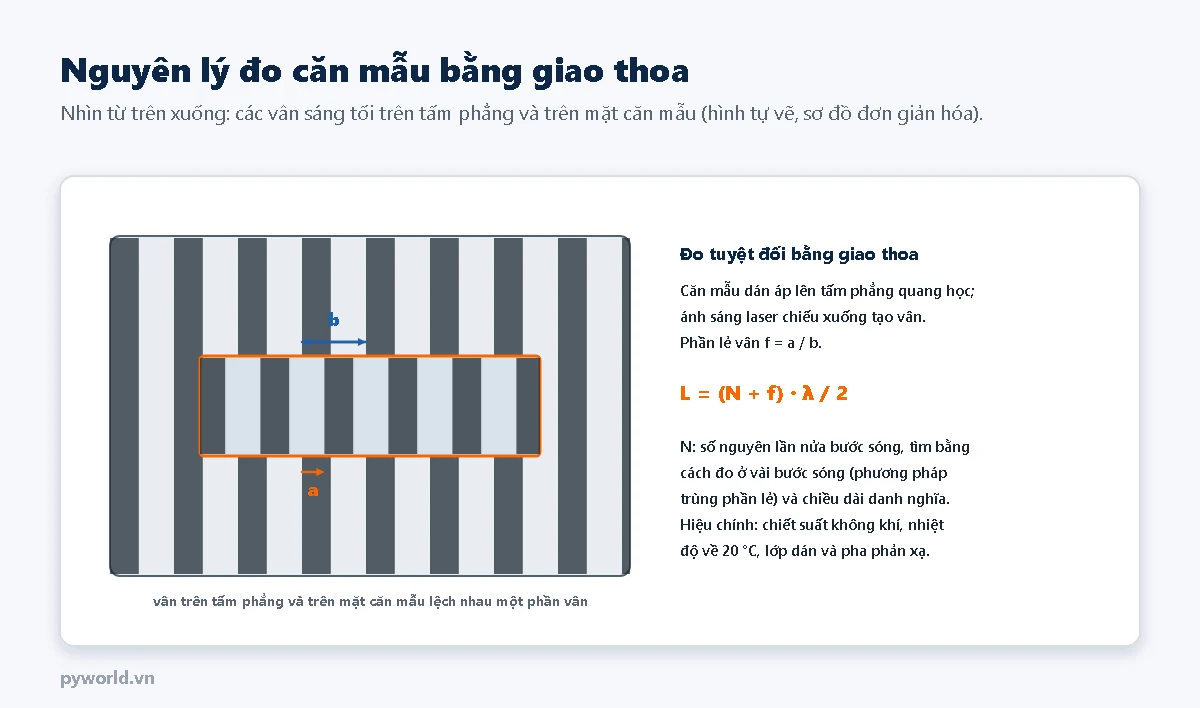 Sơ đồ nhìn từ trên xuống: tấm phẳng có các vân sáng tối cách đều khoảng b, căn mẫu dán ở giữa có vân lệch một đoạn a; phần lẻ vân f bằng a chia b; chiều dài L bằng N cộng f nhân nửa bước sóng