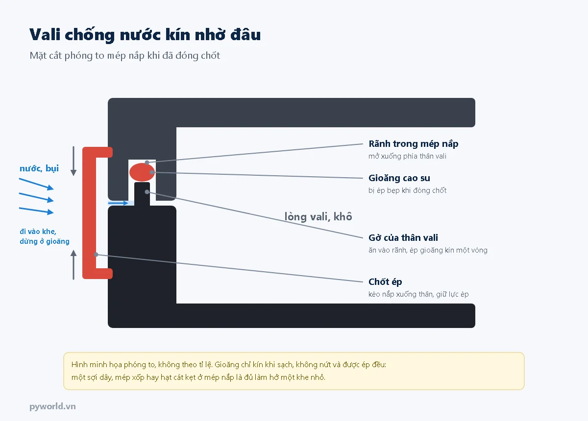 Hình minh họa mặt cắt phóng to mép nắp vali chống nước: rãnh trong mép nắp, gioăng cao su bị ép, gờ của thân vali và chốt ép
