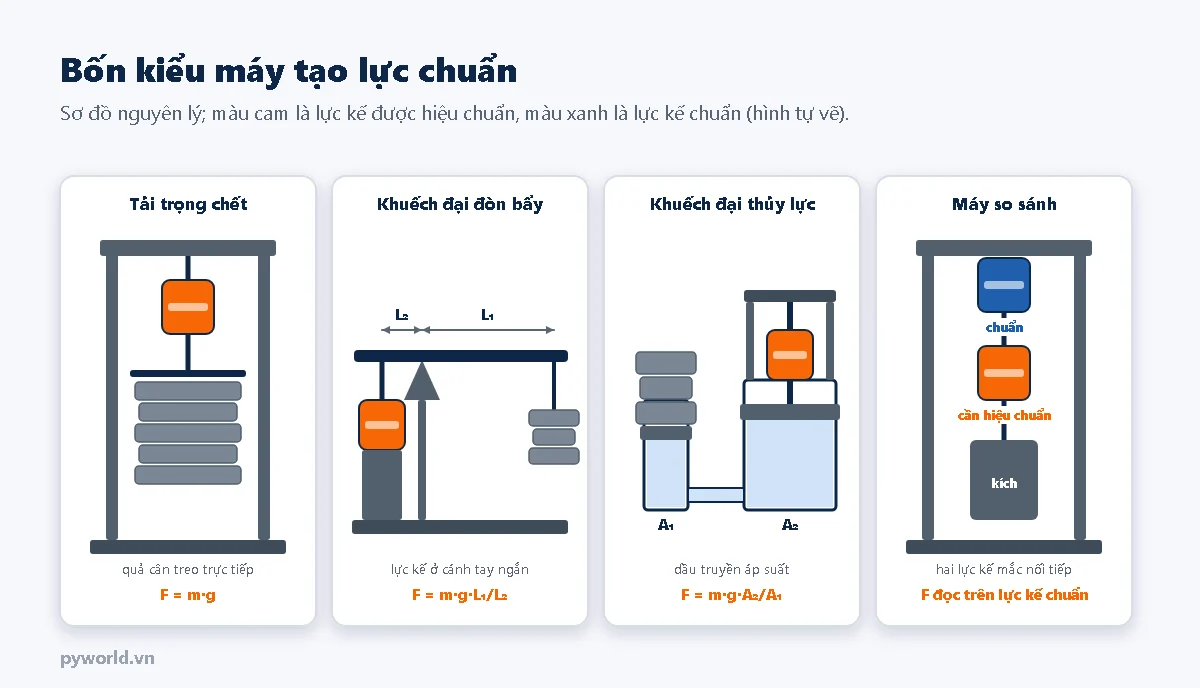 Bốn sơ đồ nguyên lý máy chuẩn lực: tải trọng chết với quả cân treo trực tiếp dưới lực kế, F bằng m nhân g; khuếch đại đòn bẩy với lực kế ở cánh tay ngắn L2 và quả cân ở cánh tay dài L1; khuếch đại thủy lực với quả cân trên píttông nhỏ A1 truyền áp suất sang píttông lớn A2 ép lực kế; máy so sánh với lực kế chuẩn và lực kế cần hiệu chuẩn mắc nối tiếp, lực tạo bằng kích