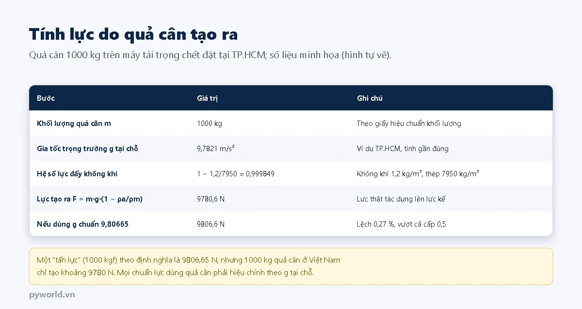 Bảng tính lực do quả cân 1000 kg tạo ra tại TP.HCM: g khoảng 9,7821 mét trên giây bình phương, hệ số lực đẩy không khí 0,999849, lực thật khoảng 9780,6 N; nếu dùng g chuẩn 9,80665 thì tính ra 9806,6 N, lệch 0,27 phần trăm