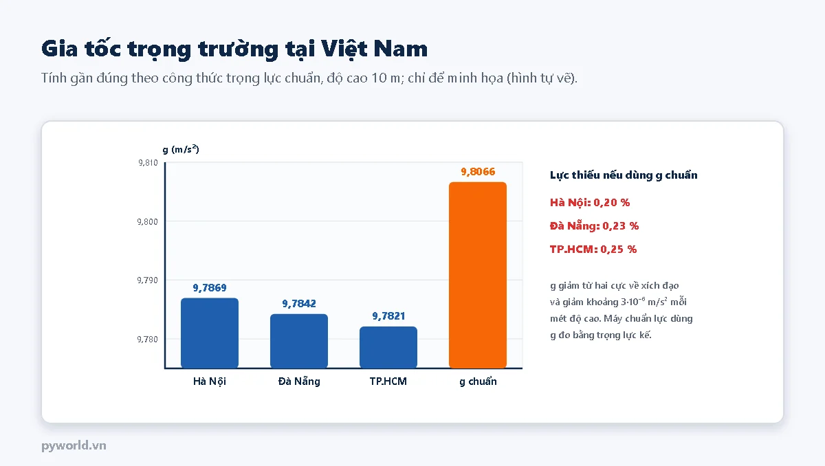 Biểu đồ cột gia tốc trọng trường gần đúng tại Hà Nội 9,7869, Đà Nẵng 9,7842, TP.HCM 9,7821 so với g chuẩn 9,80665 mét trên giây bình phương; lực thiếu nếu dùng g chuẩn: Hà Nội 0,20 phần trăm, Đà Nẵng 0,23 phần trăm, TP.HCM 0,25 phần trăm