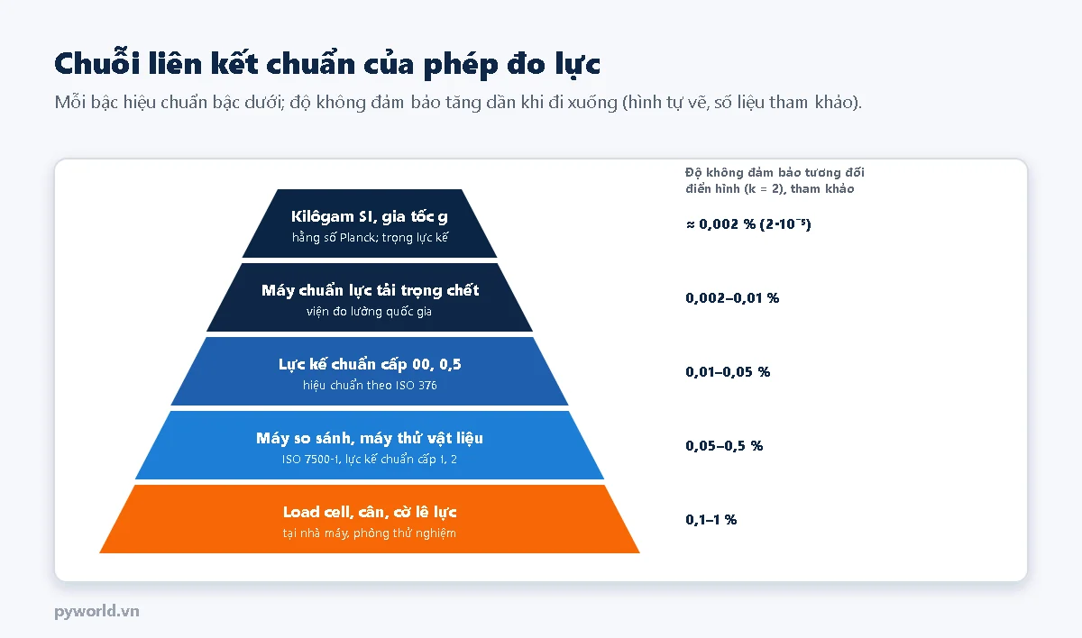 Tháp liên kết chuẩn lực năm bậc từ trên xuống: kilôgam SI và gia tốc g; máy chuẩn lực tải trọng chết ở viện đo lường quốc gia khoảng 0,002 phần trăm; lực kế chuẩn cấp 00 và 0,5 hiệu chuẩn theo ISO 376 khoảng 0,002 đến 0,01 phần trăm; máy so sánh và máy thử vật liệu theo ISO 7500-1; load cell, cân, cờ lê lực tại nhà máy 0,1 đến 1 phần trăm