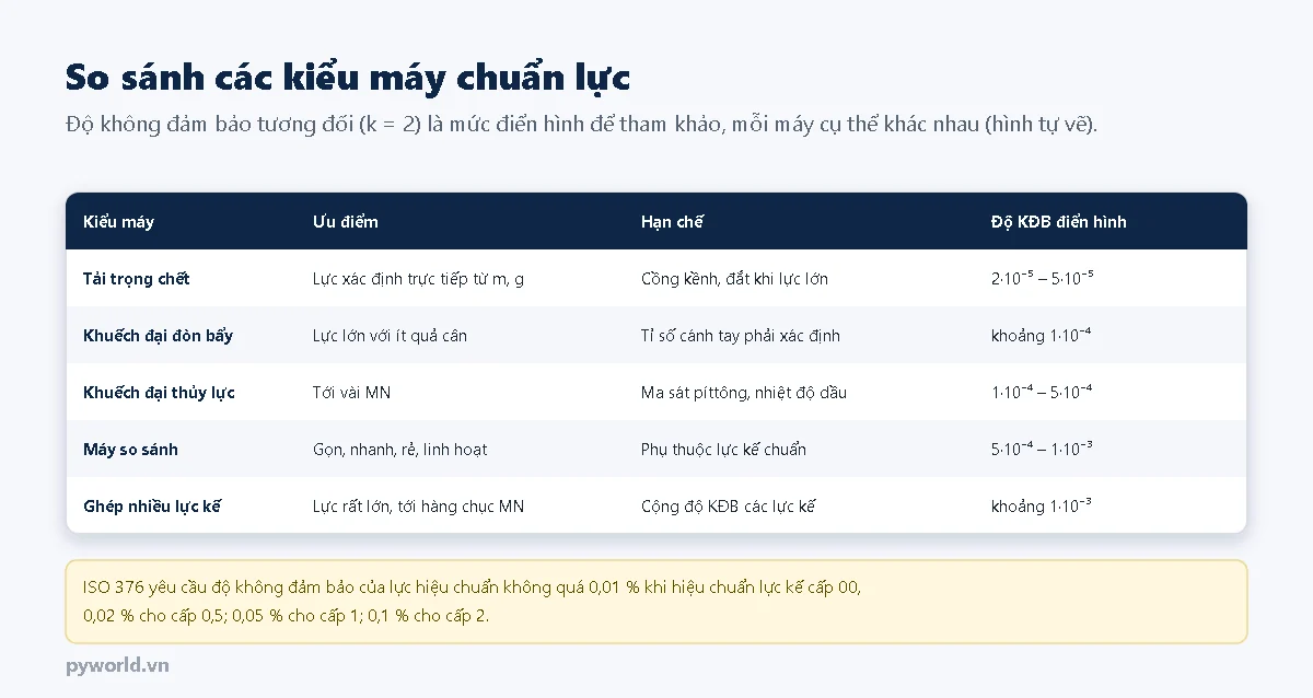 Bảng so sánh năm kiểu máy chuẩn lực theo ưu điểm, hạn chế và độ không đảm bảo tương đối điển hình: tải trọng chết 2 đến 5 phần trăm nghìn; đòn bẩy khoảng 1 phần vạn; thủy lực 1 đến 5 phần vạn; máy so sánh 5 phần vạn đến 1 phần nghìn; ghép nhiều lực kế khoảng 1 phần nghìn
