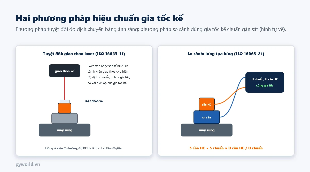 Hai sơ đồ: bên trái gia tốc kế trên máy rung, chùm laser từ giao thoa kế chiếu vào mặt phản xạ trên gia tốc kế; bên phải gia tốc kế cần hiệu chuẩn gắn trên gia tốc kế chuẩn trên máy rung, hai tín hiệu đưa về bộ đo; công thức độ nhạy cần hiệu chuẩn bằng độ nhạy chuẩn nhân tỉ số điện áp