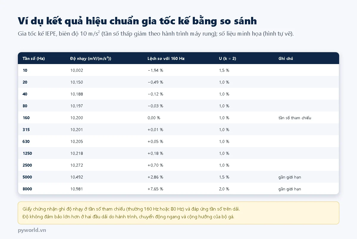 Bảng kết quả hiệu chuẩn gia tốc kế IEPE từ 10 đến 8000 Hz: độ nhạy 10,200 mV trên mét trên giây bình phương ở 160 Hz, lệch âm 1,94 phần trăm ở 10 Hz, cộng 2,86 phần trăm ở 5000 Hz và cộng 7,65 phần trăm ở 8000 Hz; độ không đảm bảo 1 đến 2 phần trăm
