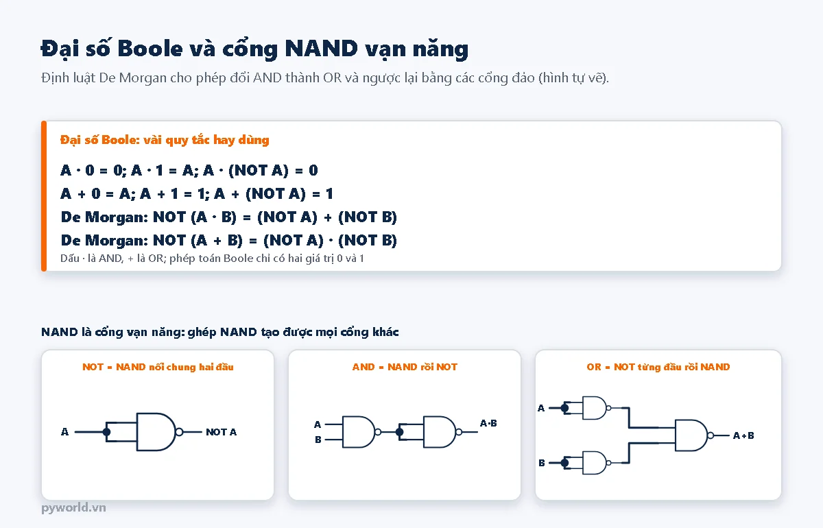Hộp công thức: A nhân 0 bằng 0, A nhân 1 bằng A, A nhân NOT A bằng 0, A cộng 0 bằng A, A cộng 1 bằng 1, A cộng NOT A bằng 1, De Morgan NOT của A nhân B bằng NOT A cộng NOT B, NOT của A cộng B bằng NOT A nhân NOT B; ba sơ đồ ghép cổng NAND: NOT bằng NAND nối chung hai đầu vào, AND bằng NAND rồi NOT, OR bằng NOT từng đầu vào rồi NAND