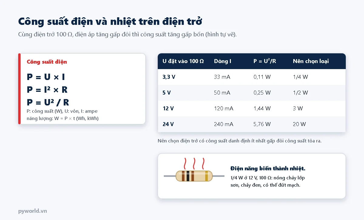 Hộp công thức công suất P bằng U nhân I, I bình phương nhân R, U bình phương chia R; bảng cho điện trở 100 Ω: 3,3 V cho 33 mA và 0,11 W nên chọn loại 1/4 W, 5 V cho 0,25 W chọn 1/2 W, 12 V cho 1,44 W chọn 3 W, 24 V cho 5,76 W chọn 20 W; hình điện trở bốc khói khi quá tải