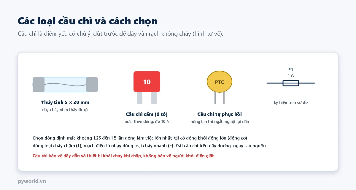 Các loại cầu chì: thủy tinh 5 nhân 20 mm có dây chảy nhìn thấy được, cầu chì cắm ô tô màu đỏ 10 A, cầu chì tự phục hồi PTC màu vàng, ký hiệu cầu chì F1 1 A trên sơ đồ; hướng dẫn chọn dòng định mức 1,25 đến 1,5 lần dòng làm việc, loại chảy chậm cho động cơ, loại chảy nhanh cho mạch điện tử