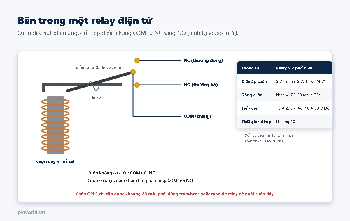 Hình vẽ relay điện từ: cuộn dây quấn quanh lõi sắt, phần ứng có lò xo, tiếp điểm chung COM, thường đóng NC và thường hở NO; bảng thông số relay 5 V phổ biến: điện áp cuộn 5 V, dòng cuộn khoảng 70 đến 90 mA, tiếp điểm 10 A 250 V AC và 10 A 30 V DC, thời gian đóng khoảng 10 ms