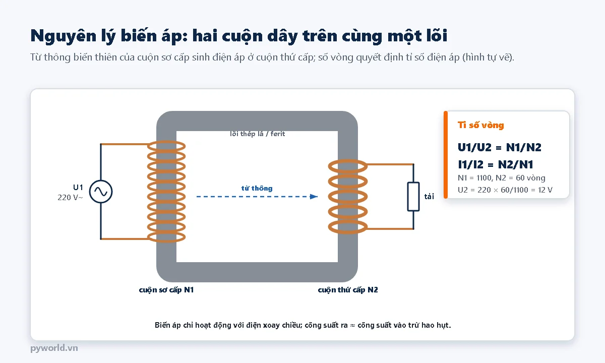 Sơ đồ biến áp: lõi thép hình chữ nhật, cuộn sơ cấp N1 bên trái nối nguồn xoay chiều 220 V, cuộn thứ cấp N2 bên phải nối tải, mũi tên từ thông chạy trong lõi; công thức U1 chia U2 bằng N1 chia N2, I1 chia I2 bằng N2 chia N1, ví dụ N1 1100 vòng, N2 60 vòng cho U2 bằng 12 V