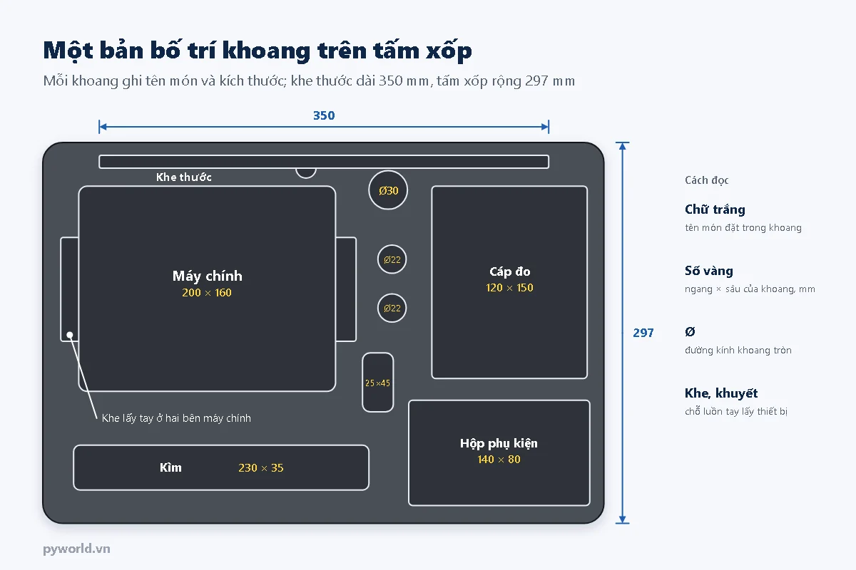 Hình minh họa bản bố trí khoang trên tấm xốp chống sốc: khoang máy chính 200 × 160 mm, khe thước 350 mm, khoang tròn và khoang phụ kiện