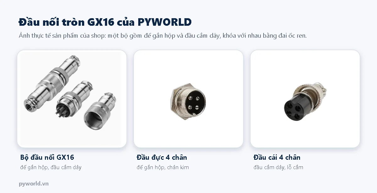 Đầu nối GX16 của PYWORLD: bộ đế gắn hộp và đầu cắm dây, đầu đực 4 chân và đầu cái 4 chân