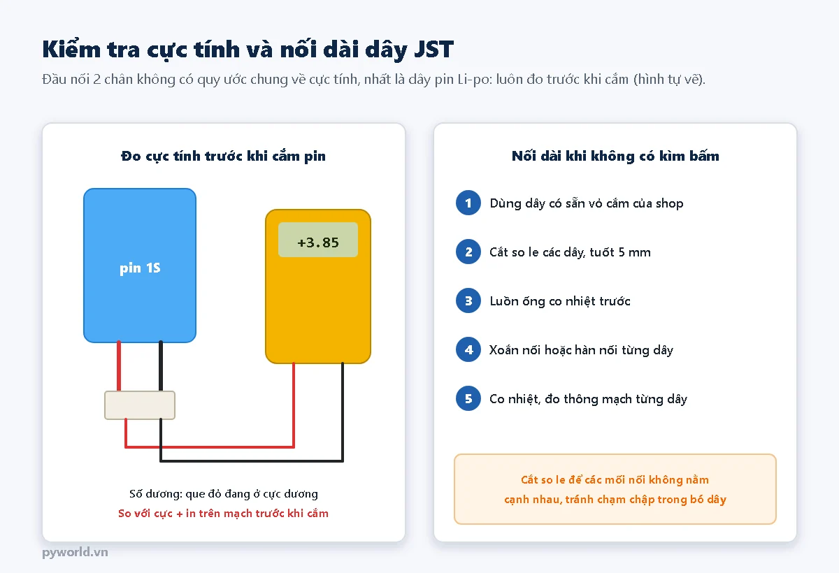 Đo cực tính pin Li-po 1S bằng đồng hồ vạn năng trước khi cắm đầu nối JST và các bước nối dài dây JST không cần kìm bấm