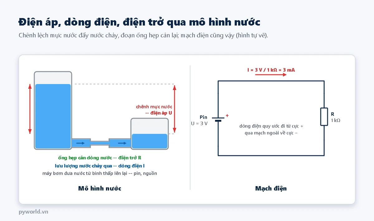 Mô hình nước bên trái: bình nước cao nối với bình thấp qua một ống có đoạn hẹp, chênh lệch mực nước ứng với điện áp, lưu lượng ứng với dòng điện, ống hẹp ứng với điện trở, máy bơm ứng với pin; bên phải: mạch gồm pin 3 V và điện trở 1 kΩ, dòng điện 3 mA đi từ cực dương qua điện trở về cực âm