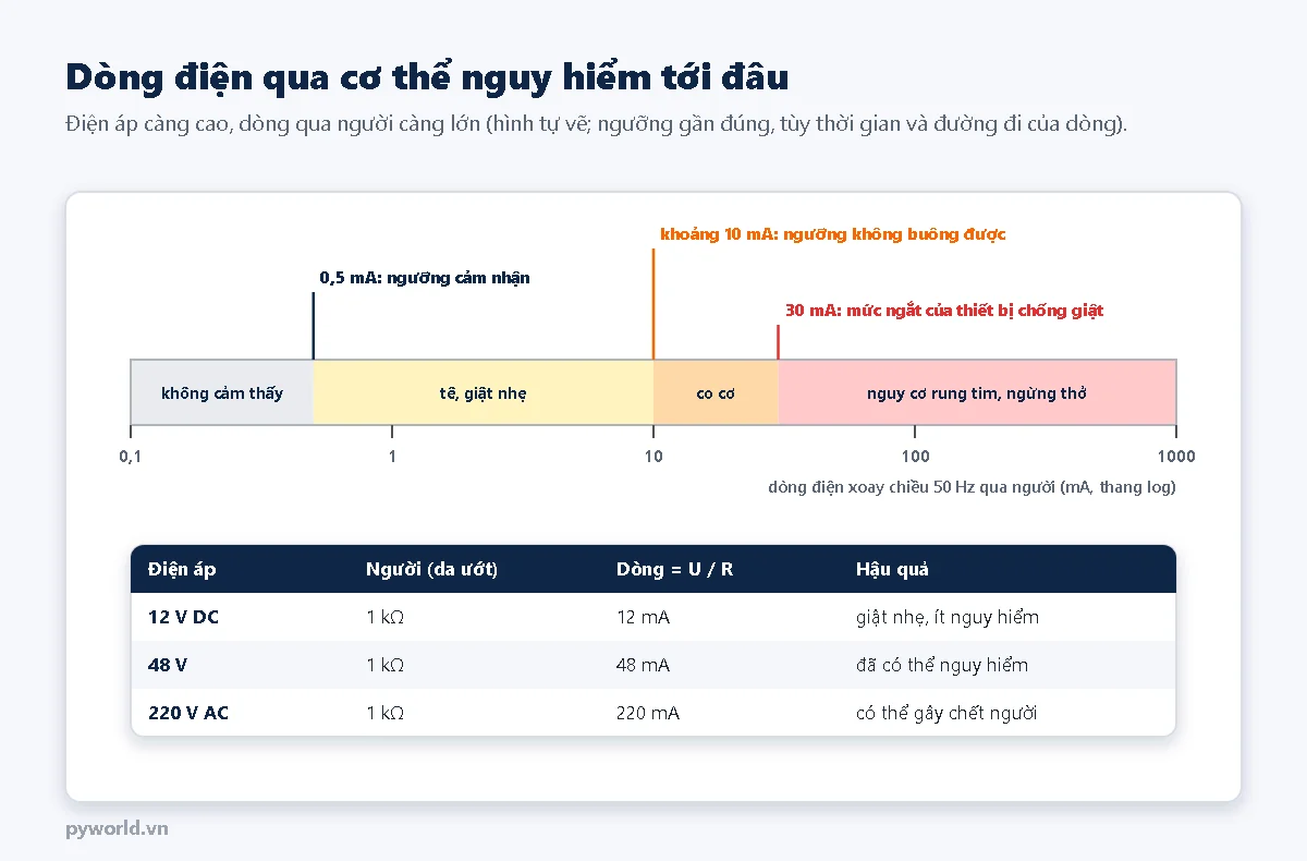 Thang log dòng điện xoay chiều qua người từ 0,1 tới 1000 mA: dưới 0,5 mA không cảm thấy, 0,5 đến 10 mA tê và giật nhẹ, 10 đến 30 mA co cơ khó buông tay, trên 30 mA nguy cơ rung tim và ngừng thở; bảng với người da ướt khoảng 1 kΩ: 12 V cho 12 mA, 48 V cho 48 mA, 220 V cho 220 mA có thể gây chết người