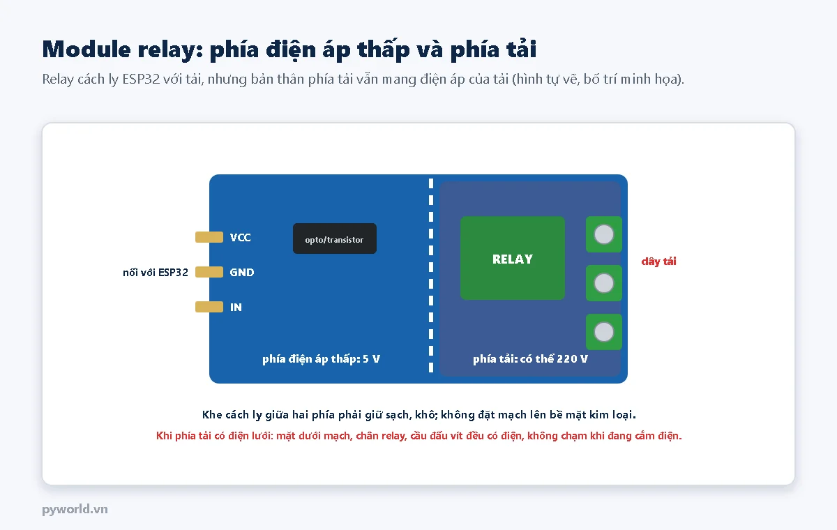 Module relay vẽ minh họa chia hai phía bởi khe cách ly nét đứt: phía điện áp thấp 5 V có chân VCC, GND, IN nối ESP32 và mạch opto hoặc transistor; phía tải có relay và ba cầu đấu vít NO, COM, NC có thể mang điện 220 V
