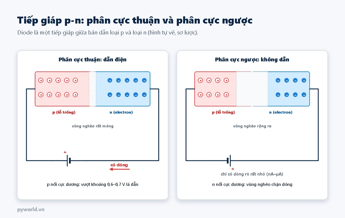 Hai hình tiếp giáp p-n: bên trái phân cực thuận, cực dương nguồn nối bên p có lỗ trống, cực âm nối bên n có electron, vùng nghèo rất mỏng và có dòng chạy khi vượt khoảng 0,6 đến 0,7 V; bên phải phân cực ngược, vùng nghèo rộng ra, chỉ có dòng rò rất nhỏ cỡ nA đến µA