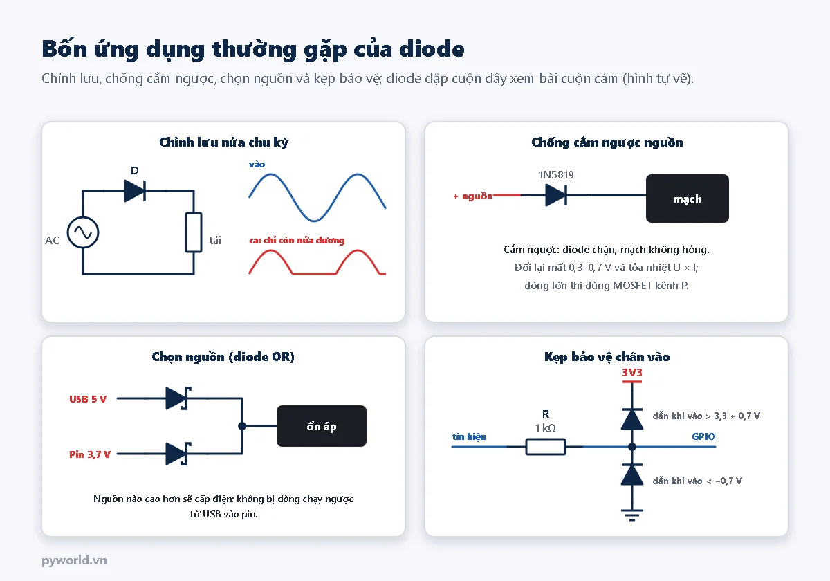 Bốn ô: chỉnh lưu nửa chu kỳ với nguồn xoay chiều, diode và tải, sóng ra chỉ còn nửa dương; chống cắm ngược nguồn với diode 1N5819 nối tiếp trước mạch; chọn nguồn bằng hai diode Schottky từ USB 5 V và pin 3,7 V cùng nối vào khối ổn áp; kẹp bảo vệ chân vào với điện trở 1 kΩ và hai diode nối lên 3V3 và xuống đất