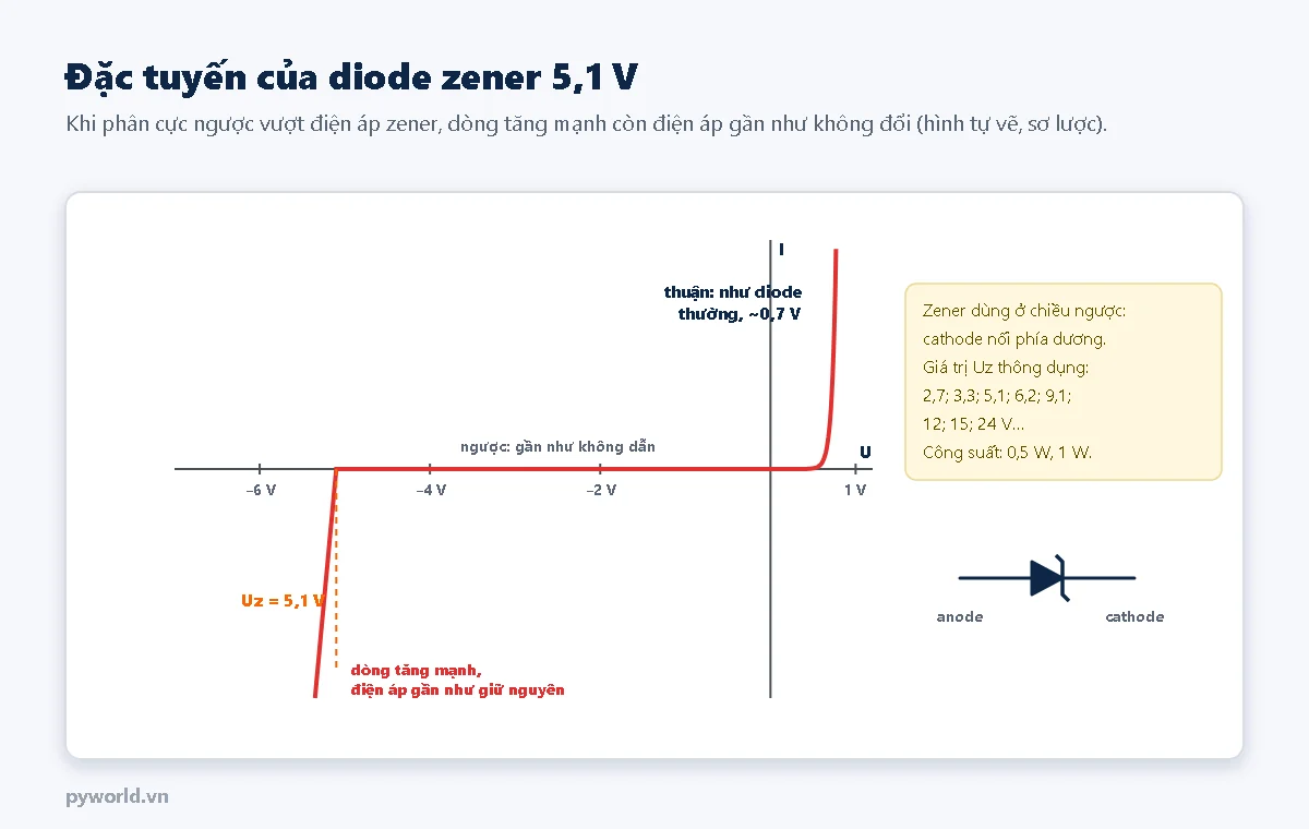 Đặc tuyến diode zener 5,1 V: chiều thuận dẫn như diode thường ở khoảng 0,7 V; chiều ngược gần như không dẫn cho tới khoảng âm 5,1 V thì dòng tăng mạnh còn điện áp gần như giữ nguyên; ghi chú zener dùng ở chiều ngược, cathode nối phía dương, các giá trị Uz thông dụng và công suất 0,5 W, 1 W; ký hiệu zener với anode và cathode