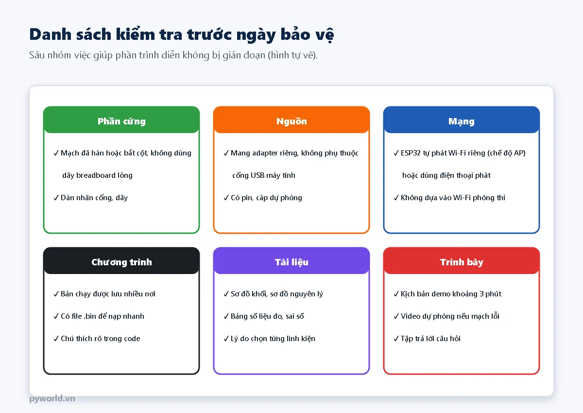 Danh sách kiểm tra trước ngày bảo vệ đồ án ESP32: phần cứng, nguồn, mạng, chương trình, tài liệu, trình bày